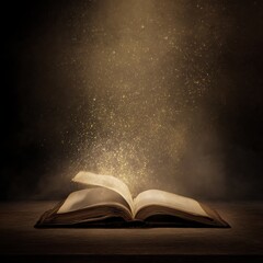 An open book on a wooden surface emits glowing golden particles into the dark, mystical atmosphere, symbolizing magic, knowledge, and wonder.