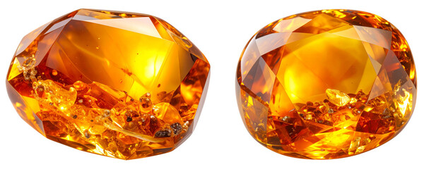 Close-up 3D Render of Polished Amber Gemstone with Internal Inclusions, isolated on a transparent background