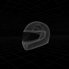A 3D wireframe rendering of a motorcycle helmet floating in a black, grid-lined virtual space.