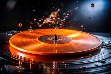 A vibrant orange vinyl record spins on a turntable, with liquid splashing dynamically across its surface, creating a captivating display of energy and retro style