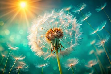 Obraz premium A fluffy dandelion seed head glows in the warm sunlight, with delicate seeds gently blowing away on a soft teal background