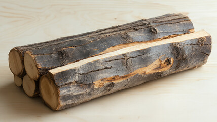 Fototapeta premium Logs of wood placed on a light wooden surface.