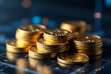 Close up of gold coins stacked in piles on a surface with circuit board design and blurred blue background