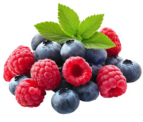Fresh blueberries and raspberries with mint leaves arranged beautifully on black background