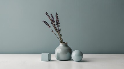 Minimalist arrangement of dried lavender in a vase with geometric shapes still life © NOYON_4513