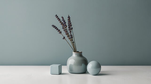Minimalist arrangement of dried lavender in a vase with geometric shapes still life