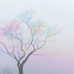 Fototapeta premium A leafless tree with twisting branches stands against a soft pastel gradient sky, creating a delicate and ethereal atmosphere.