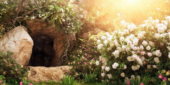 Resurrection cave in a garden with blooming flowers. Christian religious concept for Good Friday and Pascha.