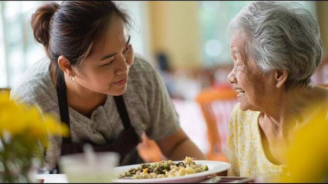 高齢者女性に食事の介助をするフィリピン人の女性ヘルパー