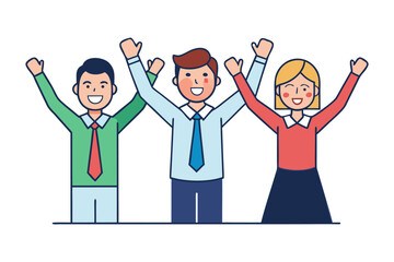Three diverse cartoon business professionals celebrating success with raised arms and joyful expressions against a white background