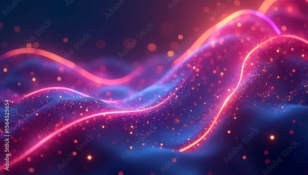 Poster abstract glowing particle waves on a blue and pink gradient background abstract design