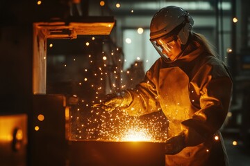Welding sparks fly as female welder works diligently in industrial workshop during evening shift