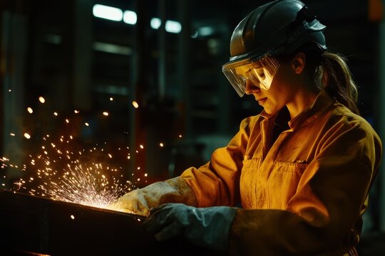 Welding sparks fly as female welder works diligently in industrial workshop during evening shift