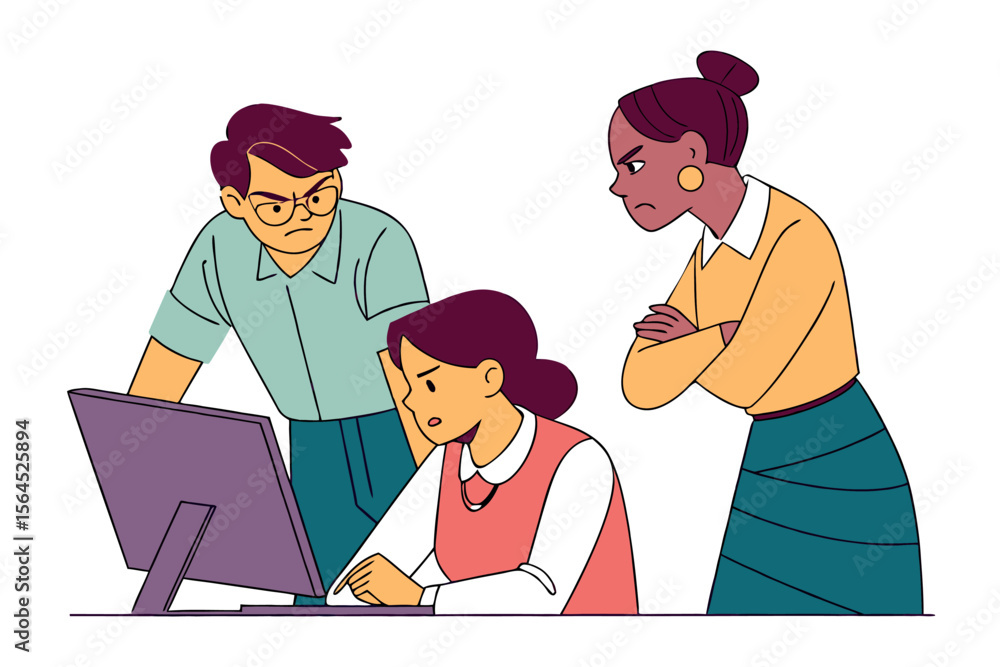 Poster frustrated colleagues confronting a struggling employee working late on a computer showing disappoin