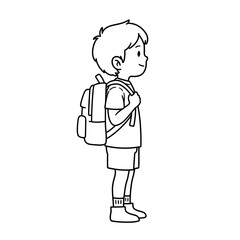Boy standing with backpack and smiling in outline style  