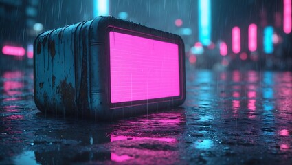 Grungy futuristic device with bright pink screen reflects on wet city street at night