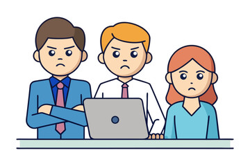 Three diverse business professionals with unhappy expressions gathered around a laptop on a desk in a modern office setting