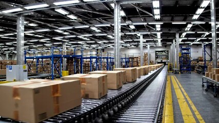 A video captures a low-angle view of cardboard boxes on a conveyor belt in a warehouse, emphasizing industrial efficiency and movement. - Powered by Adobe