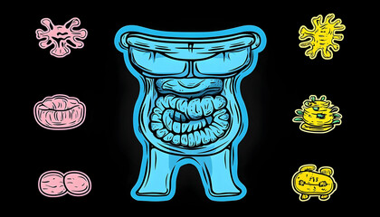 Cartoonish Human Digestive System Surrounded by Food Icons on Bl
