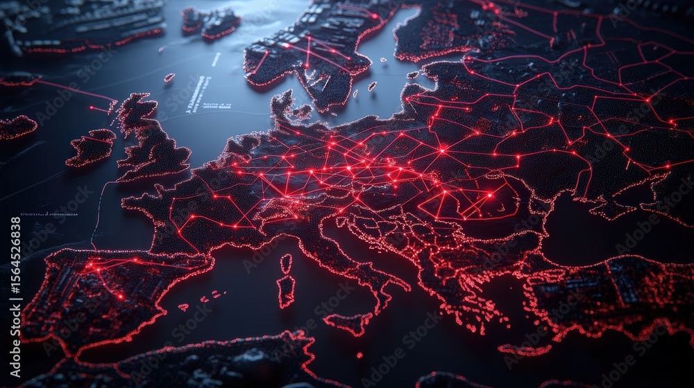 Poster digital illuminated map of europe with connected glowing network lines and high technology theme