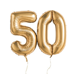 Golden helium balloons forming the number fifty on transparent background