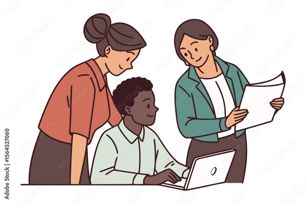 Poster diverse team collaborates on a project using a laptop and documents fostering a positive and product