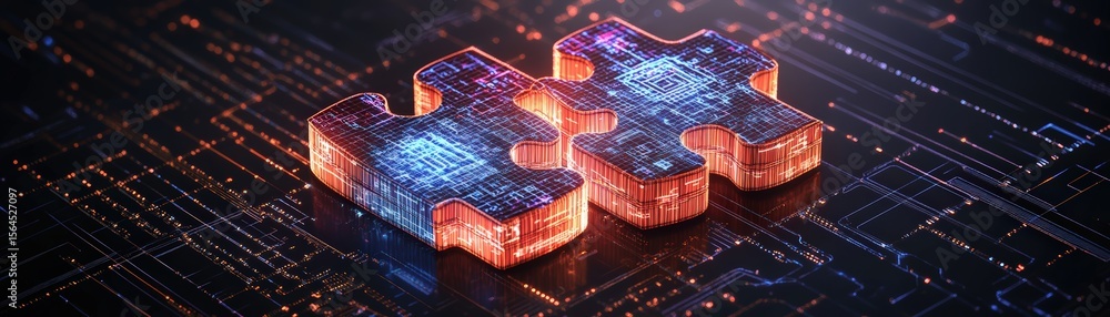 Poster digital futuristic puzzle pieces glowing with circuitry and technology in a high-tech virtual enviro