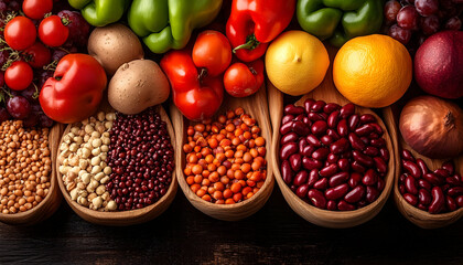 Colorful Array of Fresh Produce and Legumes Arranged on Wooden S