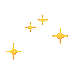Four pixelated golden stars floating against a plain white background.