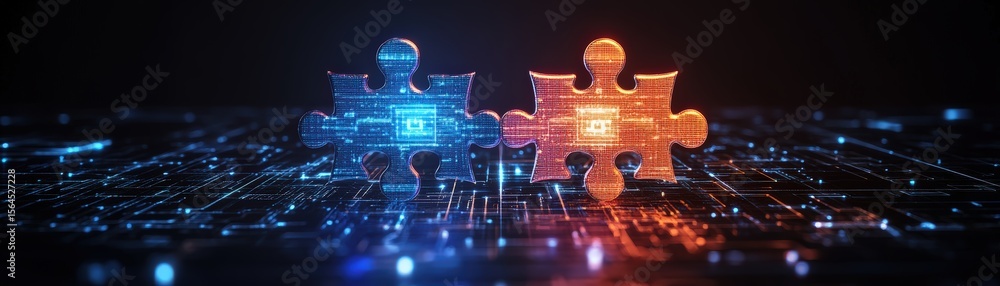 Poster futuristic digital puzzle pieces glowing with neon lights connecting over a digital grid background 