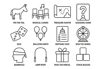 Party games icons: dice, balloons, treasure maps, gift box, spinning wheel