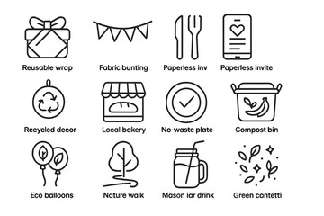 Eco-friendly event icons: reusable, sustainable, zero waste essentials