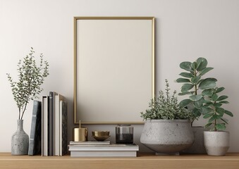 Empty frame, home decor, books, plants, modern interior. High quality