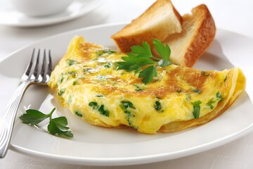 Delightful Breakfast Omelet with Toast on White Plate