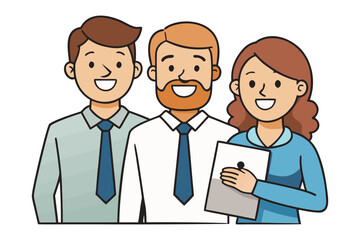 A diverse team of three smiling professionals two men and one woman dressed in business attire collaborating and working together