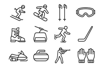 Winter sports icons featuring skiing, snowboarding, ice hockey, curling, and more