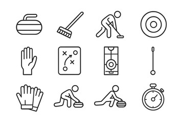 Obraz premium Curling icons set illustrating equipment and gameplay on dark background