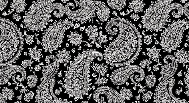 Elegant black and white paisley pattern design suitable for fabrics and backgrounds
