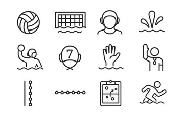 Water polo icons set featuring players and strategic elements