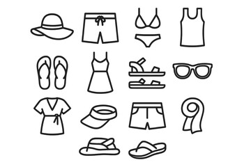 Set of minimalist summer clothing and accessories icons in black