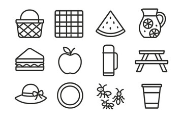 Picnic icon set with basket, food, drink, and ants