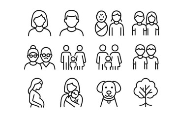 Minimalist line art of diverse people and families with pet and tree