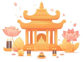Cute kawaii-style illustration of a golden temple surrounded by lotus flowers, candles, and incense in pastel colors. Adorable toy-like aesthetic with soft shapes.