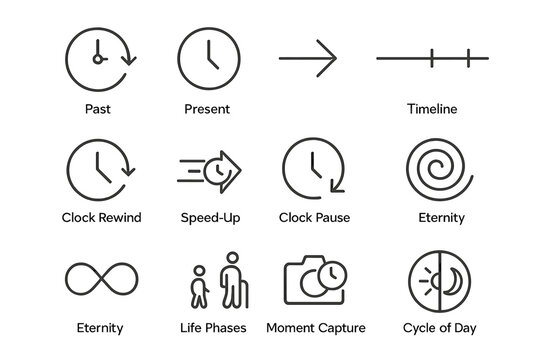 Time concept symbols: past, present, rewind, speed-up, pause, eternity
