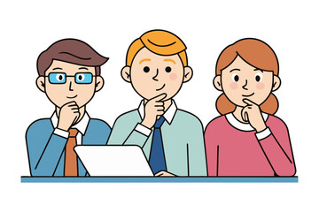 Three diverse professionals pondering ideas together while sitting at a table with a laptop