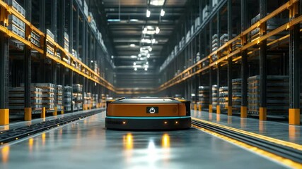 A automated robots moving through a large warehouse with shelves filled with goods and bright lighting a