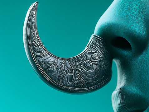 Detailed shot of futuristic nose ring with ancient crescent engraving on teal backdrop