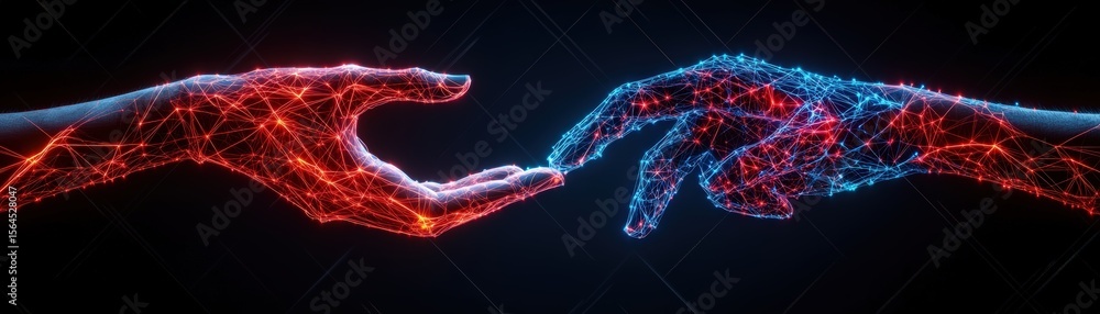 Poster digital hands connecting using light lines and points representing technology and innovation concept