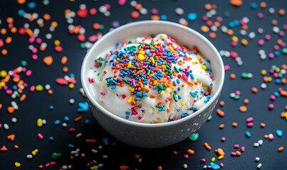 Vanilla ice cream in a white bowl, topped with colorful sprinkle