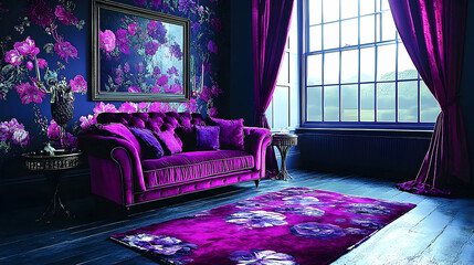 Luxurious purple velvet sofa in a floral themed room with natura